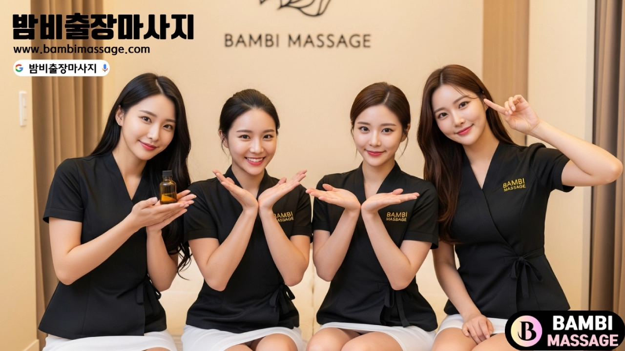 밤비 출장마사지 후기 페이지 메인 이미지: 밝게 웃는 고객과 전문 테라피스트의 모습. 밤비 출장안마 서비스에 대한 높은 고객 만족도와 긍정적인 경험을 나타냅니다.